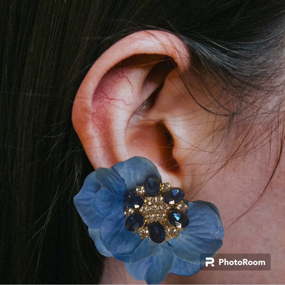 Navy blue lime green crystal flower statement beaded earrings Anthropologie OOAK